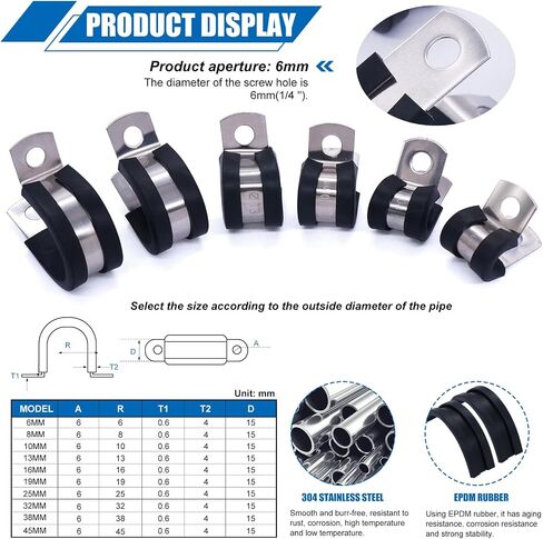 Twidec/50PCS 1/2 Inch Cable Clamp 304 Stainless Steel Rubber Coated Cushion Pipe Clamps,Metal Clamp,With Metal Rubber Clips For Automotive Wire Tube Pipe Clamps N-056-1/2 in Kuwait