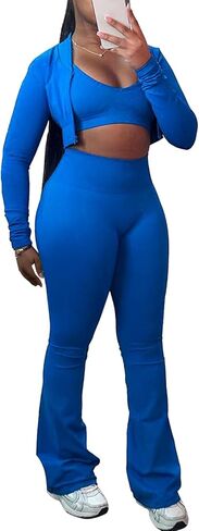 طقم بدلة رياضية نسائية من Molilove مكون من 3 قطع بدون أكمام وسحاب وأكمام طويلة وسترة قصيرة وسراويل طويلة مضيئة طقم رياضي للتمرين in Kuwait