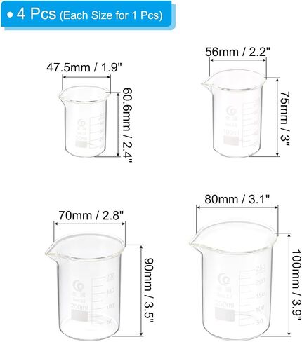 PATIKIL 50/100/250/500ml Low Form Glass Beaker, 4Pcs 3.3 Borosilicate Glass Beakers Graduated Measuring Cup with Spout for Lab Experiment, Cooking and Baking, Clear in Saudi Arabia