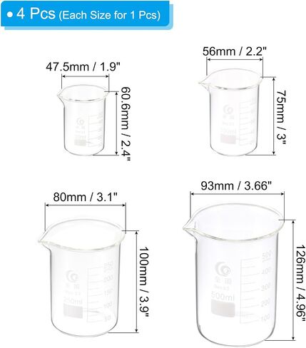 PATIKIL 50/100/250/500ml Low Form Glass Beaker, 4Pcs 3.3 Borosilicate Glass Beakers Graduated Measuring Cup with Spout for Lab Experiment, Cooking and Baking, Clear in Saudi Arabia