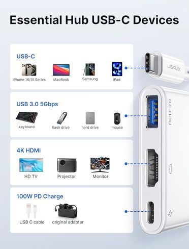 JSAUX USB C to HDMI Adapter 3-in-1, 4K@30Hz 100W PD, USB 3.0 for iPhone PC in Kuwait