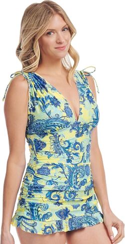 Mazu Women's One Piece Ruffle Skirt Swimsuits Tummy Control Swimdress V Neck Grecian Skater Ruched Bathing Suit in Saudi Arabia