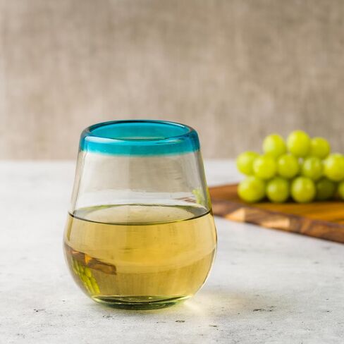 10 Strawberry Street Aqua Rim Stemless Wine Handblown Mexican Glass, Set of 6 in Kuwait