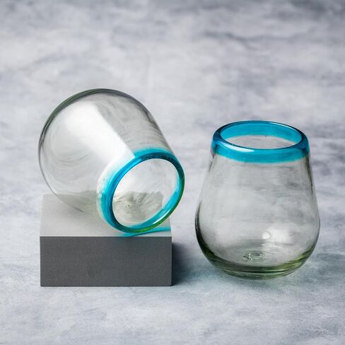 10 Strawberry Street Aqua Rim Stemless Wine Handblown Mexican Glass, Set of 6 in Kuwait