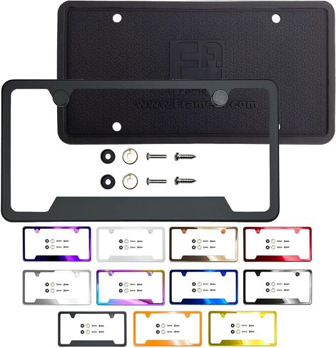 T304 Stainless Steel Bottom Cut Out Corner License Plate Frame Matte Black Powder Coated Universal Fit Aluminum Screw On Cap Cover, Silicone Back Guard, Rust Proof Weather Proof (Qty: 1 Frame) in Kuwait