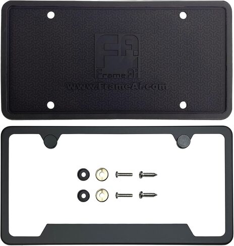 T304 Stainless Steel Bottom Cut Out Corner License Plate Frame Matte Black Powder Coated Universal Fit Aluminum Screw On Cap Cover, Silicone Back Guard, Rust Proof Weather Proof (Qty: 1 Frame) in Kuwait