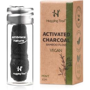Vegan Charcoal Floss with Refillable Glass Dispenser | PFAS Free Floss | Mint Flavored (33 Yards)