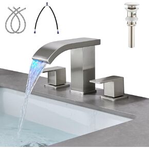 LED Light Black Waterfall Bathroom Faucet 3 Holes - 8Inch Widespread Bathroom Sink Faucet | Two Handles Lavatory Vanity Sink Faucets with Pop-up Drain Assembly & Supply Lines