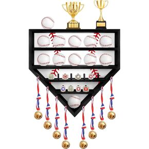19" Baseball Holder Display Case Wooden Baseball Ring Holder Championship Ring Display Case Trophy Display Shelf Baseball Holders for Balls, Medals, Memorabilia