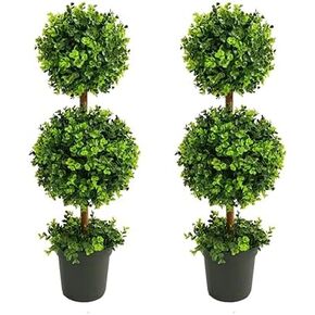Artificial Boxwood Topiary Trees, Set of 2, 4FT/46 inches, UV Resistant Faux Plants Pot Trees for Indoor/Outdoor Decor (A-46inch)
