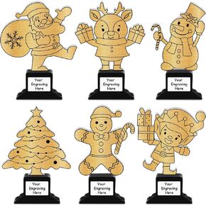 12 Pcs Christmas Trophy Set 4.7 Inch Wooden Trophy Award with Customized Stickers DIY Santa Claus Awards for Christmas Decoration Fun Party Favors Ornament, 6 Styles