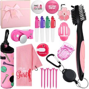21 Pcs Pink Golf Accessories Kit Include Pink Golf Towel, Golf Balls, Cleaner Brush Divot Tool, Golf Tees, Retractable Clip, Bag, Pens, Hat Clips, Timepiece, Scriber, Golf Gifts for Women