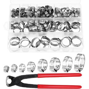150Pcs 304 Stainless Steel Single Ear Hose Clamp with Ear Clamp Pincer, 6-23.5mm Crimp Hose Clamp Assortment Kit Cinch Rings Crimp Pinch Tools Perfect for Automotive, Home Appliance Line and Plumbing