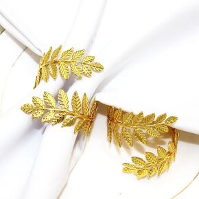 Gold Wheat Leaf Napkin Rings Set of 6 for Farmhouse Table Setting, Rustic Metal Leaves Napkin Holder Bulk for Parties, Weddings, Engagements, Baby Showers, Holiday Meals (Leaf-6pc)
