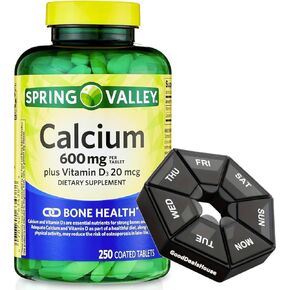 Spring - Valley Calcium 600 mg + Vitamin D3 20 mcg - 250 Count with Weekly Pill Organizer GoodDealsHouse - Bone Health Dietary Supplement Tablets