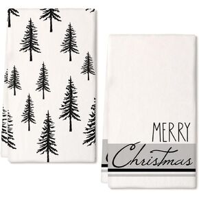 ARKENY Christmas Kitchen Towels Set of 2,Black Xmas Tree Dish Towels 18x26 Inch,Hoilday Farmhouse Home Decoration AD101