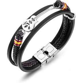 Mini Guitar Bracelet, Music Symbol Cuff Bracelet, Three Row Woven Leather Stainless Steel Chain Charm Bracelet, Gift for Him