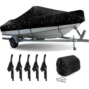 800D Boat Cover Bass Heavy Duty Boat Cover PU Waterproof Boat Accessories Fit V-Hull, Runabout, Fishing Boat, Tri-Hull, Pro-Style Bass Boat with Tightening Strap (20-22FT)