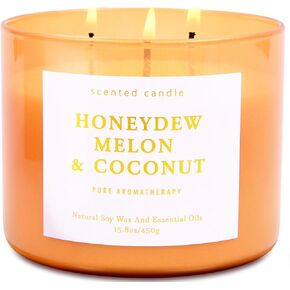 Honeydew Melon and Coconut Candle - Highly Scented 3 Wick Candle for Home, Natural Soy Candle Large 15.8 oz Fruity Scented Candle for Men and Women, Relaxing Aromatherapy Candles for Stress Relief
