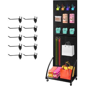 2'x 6' Metal Pegboard Display Stand with a Plate, White Pegboard Display Rack with Wheels, Standing Peg board Display, Craft Fair Display Rack, Art Display Stand, Extra 10 pieces Hooks