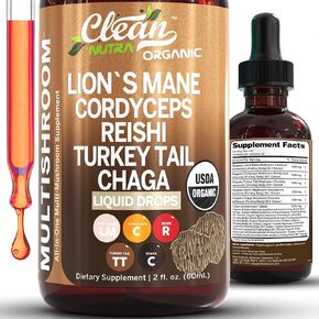 Mushroom Supplement Liquid Drops with Lions Mane Turkey Tail Cordyceps Reishi Chaga Shitake Maitake Tremella Oyster Mushrooms Poria Supplement and Enokitake Mushrooms Complex Blend by Clean Nutra