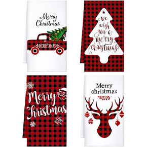 Honoson Christmas Kitchen Towels Ultra Absorbent Dish Towels Quick to Drying Hand Towels Polyester Cleaning Tea Towels for Home Washing Drying Dishes Kitchen Supplies(Black, Red,Plaid)