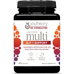 Youtheory High Potency Multi GLP-1 Support - High Absorption Multivitamins - for Immune Support & Bone Health - Gentle on Stomach - Vitamin D, C, Iron & More - 150 Vegetarian Capsules