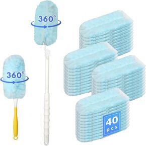 40 Count Duster Refills Kit，Duster Refills Compatible with Most，Disposable Microfiber Duster Refills (1 Retractable Long Handle + 1 Short Handle + 40 Duster Refills)