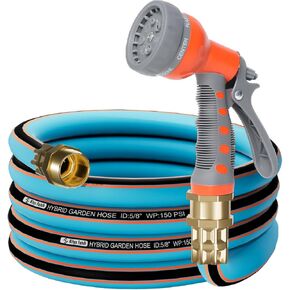 Upgraded Kink Free Hybrid Garden Hose 10ft 5/8", Thickened Heavy Duty Water Hose with 3/4'' Brass Solid Connector，Lightweight Flexible Tough Rubber Hose with Nozzle,Durable Yard Outdoor