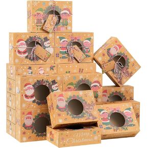 Moretoes 24pcs Christmas Cookie Boxes for Gift Giving 8.25x6x2.75 Bakery Boxes with Window, Xmas Treat Boxes with Ribbons and Gift Tags for Cupcakes, Donuts, Candy
