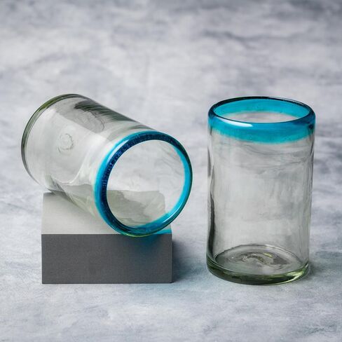 10 Strawberry Street Aqua Rim Stemless Wine Handblown Mexican Glass, Set of 6 in Kuwait