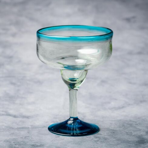 10 Strawberry Street Aqua Rim Stemless Wine Handblown Mexican Glass, Set of 6 in Kuwait