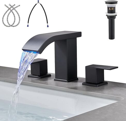 LED Light Black Waterfall Bathroom Faucet 3 Holes - 8Inch Widespread Bathroom Sink Faucet | Two Handles Lavatory Vanity Sink Faucets with Pop-up Drain Assembly & Supply Lines in Saudi Arabia