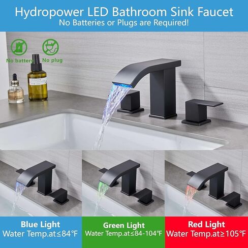 LED Light Black Waterfall Bathroom Faucet 3 Holes - 8Inch Widespread Bathroom Sink Faucet | Two Handles Lavatory Vanity Sink Faucets with Pop-up Drain Assembly & Supply Lines in Saudi Arabia