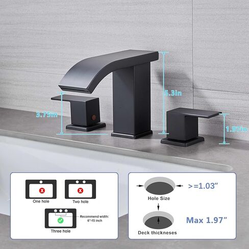 LED Light Black Waterfall Bathroom Faucet 3 Holes - 8Inch Widespread Bathroom Sink Faucet | Two Handles Lavatory Vanity Sink Faucets with Pop-up Drain Assembly & Supply Lines in Saudi Arabia