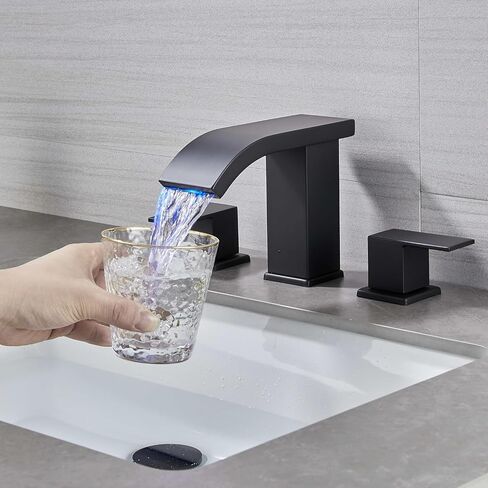 LED Light Black Waterfall Bathroom Faucet 3 Holes - 8Inch Widespread Bathroom Sink Faucet | Two Handles Lavatory Vanity Sink Faucets with Pop-up Drain Assembly & Supply Lines in Saudi Arabia