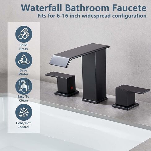 LED Light Black Waterfall Bathroom Faucet 3 Holes - 8Inch Widespread Bathroom Sink Faucet | Two Handles Lavatory Vanity Sink Faucets with Pop-up Drain Assembly & Supply Lines in Saudi Arabia