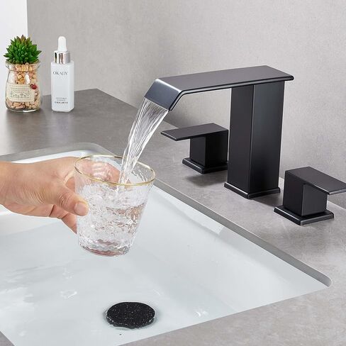 LED Light Black Waterfall Bathroom Faucet 3 Holes - 8Inch Widespread Bathroom Sink Faucet | Two Handles Lavatory Vanity Sink Faucets with Pop-up Drain Assembly & Supply Lines in Saudi Arabia