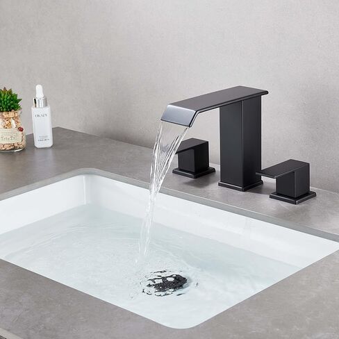 LED Light Black Waterfall Bathroom Faucet 3 Holes - 8Inch Widespread Bathroom Sink Faucet | Two Handles Lavatory Vanity Sink Faucets with Pop-up Drain Assembly & Supply Lines in Saudi Arabia