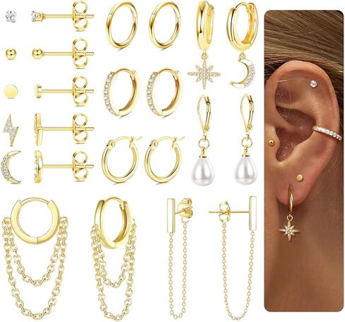 FASACCO Earring Set for Multiple Piercing 18K Gold Plated Chain Earrings Gold Earrings Set Stud Hoop Earrings Set Moon and Star Pearl Dangle Earrings in Kuwait