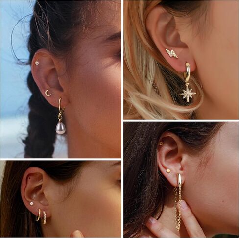 FASACCO Earring Set for Multiple Piercing 18K Gold Plated Chain Earrings Gold Earrings Set Stud Hoop Earrings Set Moon and Star Pearl Dangle Earrings in Kuwait