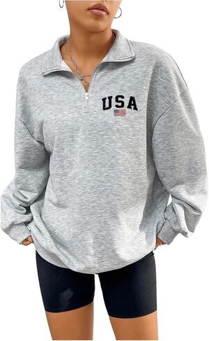GORGLITTER Women's American Flag Graphic Letter Quarter Zip Pullover Sweatshirt Casual Long Sleeve Mock Neck Pullover Tops in Saudi Arabia