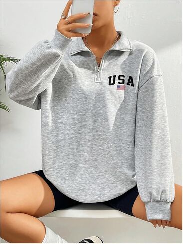GORGLITTER Women's American Flag Graphic Letter Quarter Zip Pullover Sweatshirt Casual Long Sleeve Mock Neck Pullover Tops in Saudi Arabia
