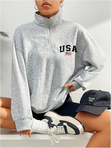 GORGLITTER Women's American Flag Graphic Letter Quarter Zip Pullover Sweatshirt Casual Long Sleeve Mock Neck Pullover Tops in Saudi Arabia