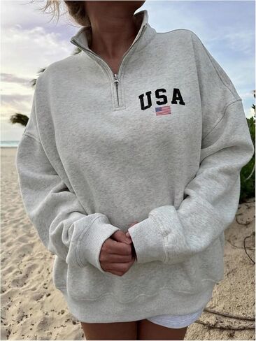 GORGLITTER Women's American Flag Graphic Letter Quarter Zip Pullover Sweatshirt Casual Long Sleeve Mock Neck Pullover Tops in Saudi Arabia