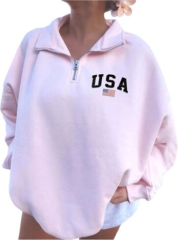 GORGLITTER Women's American Flag Graphic Letter Quarter Zip Pullover Sweatshirt Casual Long Sleeve Mock Neck Pullover Tops in Saudi Arabia