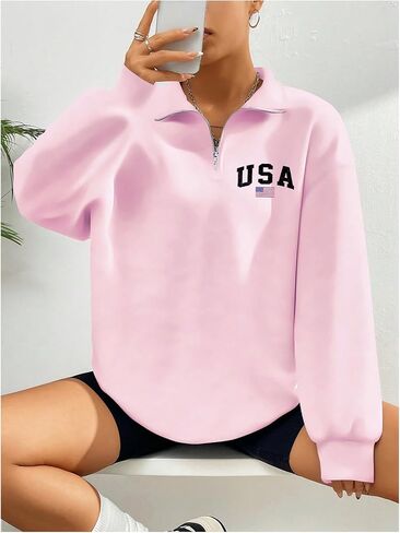 GORGLITTER Women's American Flag Graphic Letter Quarter Zip Pullover Sweatshirt Casual Long Sleeve Mock Neck Pullover Tops in Saudi Arabia