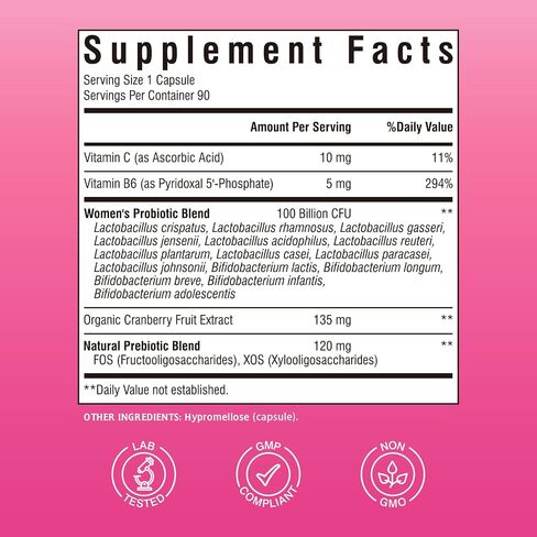Women's Probiotics 100 Billion CFU, 15 Strains, w/Prebiotic, Cranberry, Vitamin B6 & VC, Gut, Vaginal & Mood Health, Shelf Stable, 90 Vegan Capsules in Saudi Arabia
