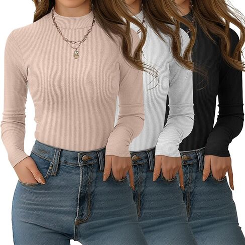 Xaatren 3 Pack Women's Mock Turtlenecks Shirts, Long Sleeve Slim Fitted Tank Tops Stretch Basic Lightweight Bustier Tee in Kuwait
