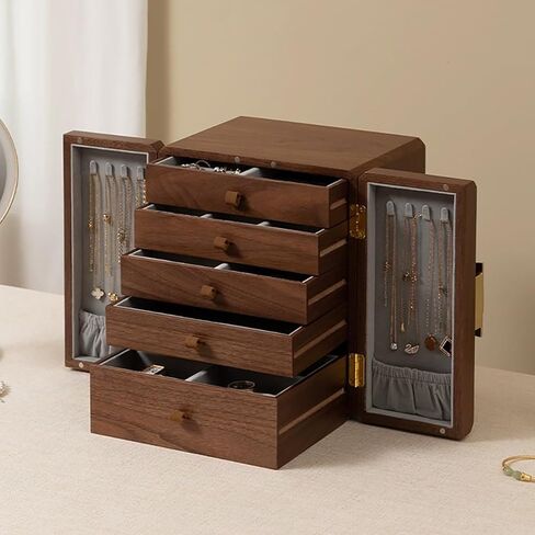 صندوق مجوهرات خشبي، خشب الجوز، مع 5 أدراج، منظم مجوهرات كبير السعة، خشب للنساء والفتيات، صندوق تخزين مجوهرات كلاسيكي، علبة مجوهرات عتيقة in Kuwait